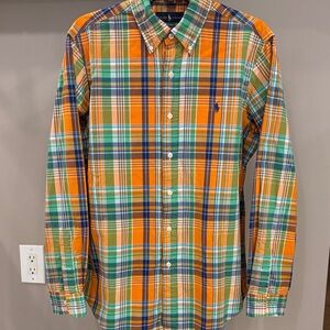 Polo Ralph Lauren Men’s Orange and Multicolor Plaid Shirt | 💯 Cotton | Size M